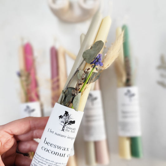 Hand poured natural candles styled for elegant home dining atmosphere